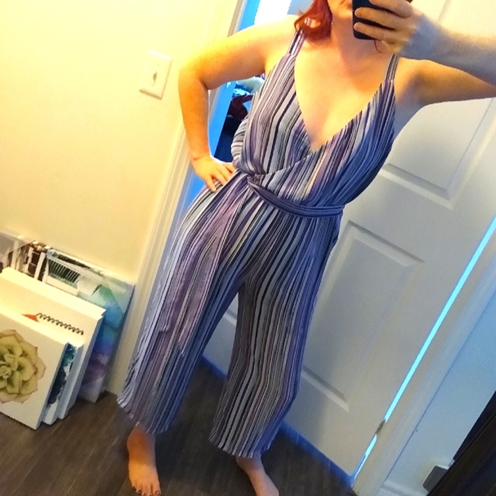 NWOT purple & teal cropped striped jumpsuit